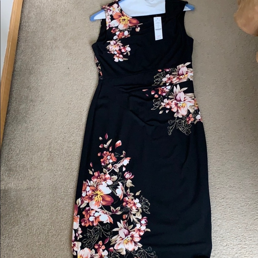 WHBM black floral dress and asymmetrical neck line